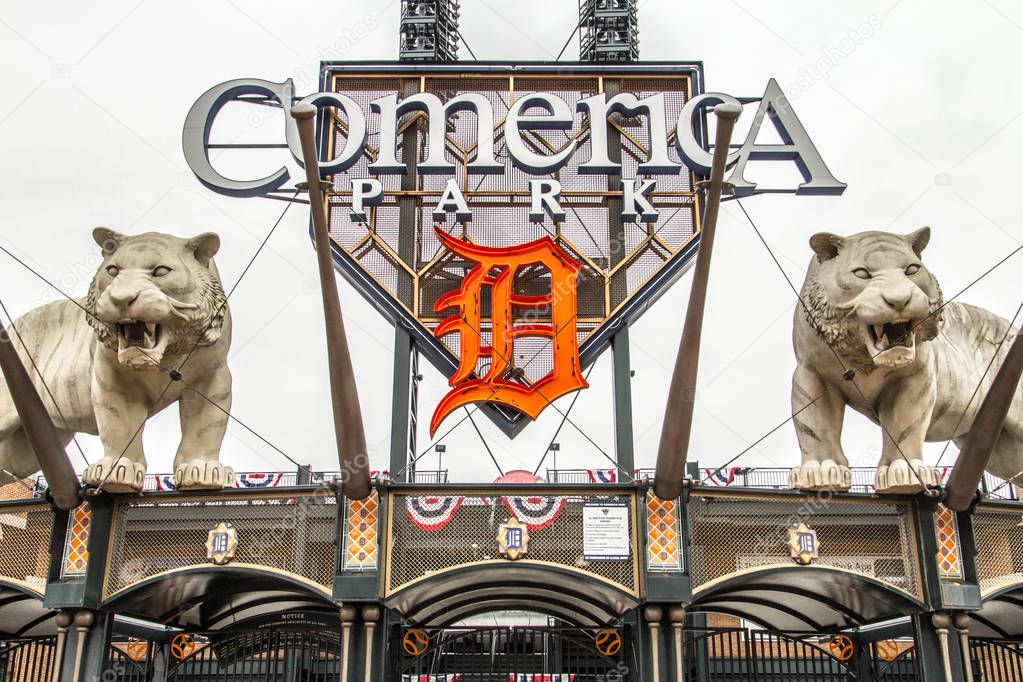 Detroit, Michigan, USA - March 28, 2018: Exterior of Comerica Park home to the Detroit Tigers. The ballpark has a capacity of over 41,000 and replaced Tiger Stadium in the year 2000