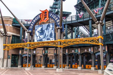 Detroit, Michigan, ABD - 28 Mart 2018: Dış of Comerica Park ev sahipliği Detroit Tigers. Basketbol sahası üzerinde 41.000 kapasitesi ve 2000 yılında Tiger Stadyumu yerine