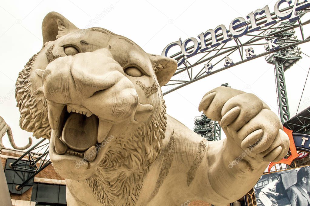 Detroit, Michigan, USA - March 28, 2018: Exterior of Comerica Park home to the Detroit Tigers. The ballpark has a capacity of over 41,000 and replaced Tiger Stadium in the year 2000