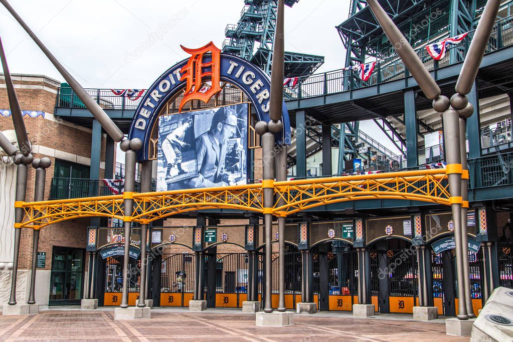 Detroit, Michigan, USA - March 28, 2018: Exterior of Comerica Park home to the Detroit Tigers. The ballpark has a capacity of over 41,000 and replaced Tiger Stadium in the year 2000
