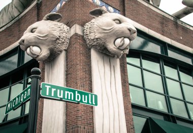 Detroit, Michigan, ABD - 28 Mart 2018: Dış of Comerica Park ev sahipliği Detroit Tigers. Basketbol sahası üzerinde 41.000 kapasitesi ve 2000 yılında Tiger Stadyumu yerine