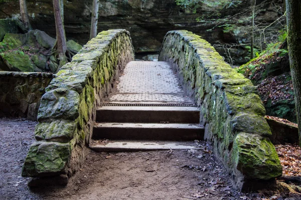 Cruzando Moss Cubierto Antiguo Puente Piedra Con Perspectiva Decreciente —  Fotos de Stock