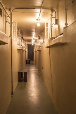 Genel endüstriyel koridor. Endüstriyel Bodrum endüstriyel koridor çıplak ampulleri dikey yönde bir dizi tarafından aydınlatılmış çimento duvarlı.