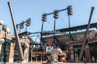 Detroit, Michigan, ABD - 28 Mart 2018: Dış of Comerica Park ev sahipliği Detroit Tigers. Basketbol sahası üzerinde 41.000 kapasitesi ve 2000 yılında Tiger Stadyumu yerine