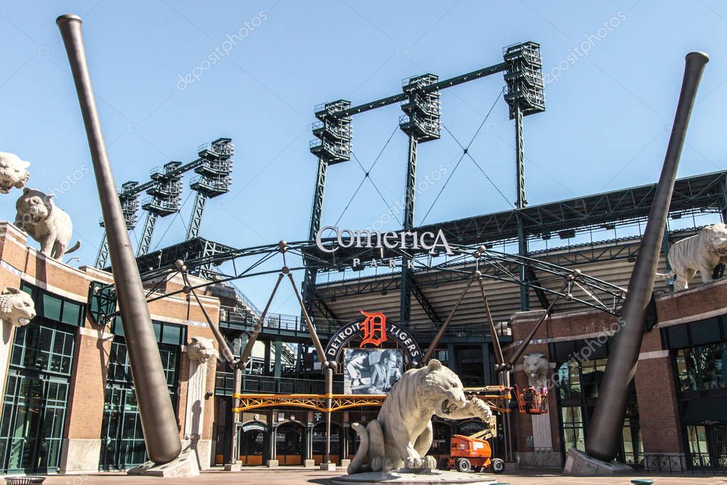 Detroit, Michigan, USA - March 28, 2018: Exterior of Comerica Park home to the Detroit Tigers. The ballpark has a capacity of over 41,000 and replaced Tiger Stadium in the year 2000