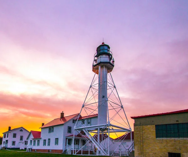 Západ Slunce Nádherný Západ Slunce Majáku Whitefish Point Pobřeží Jezera — Stock fotografie