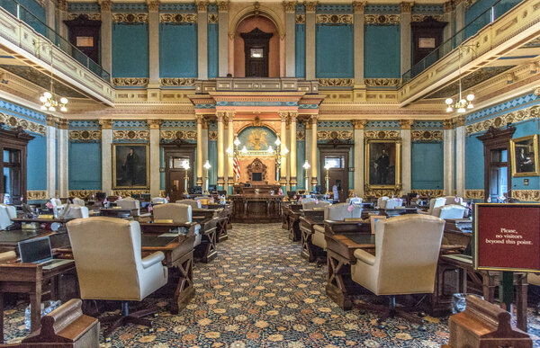 Lansing, Michigan, USA - March 14, 2019: Interior of the Michigan State Senate chambers in the state capitol building in Lansing.