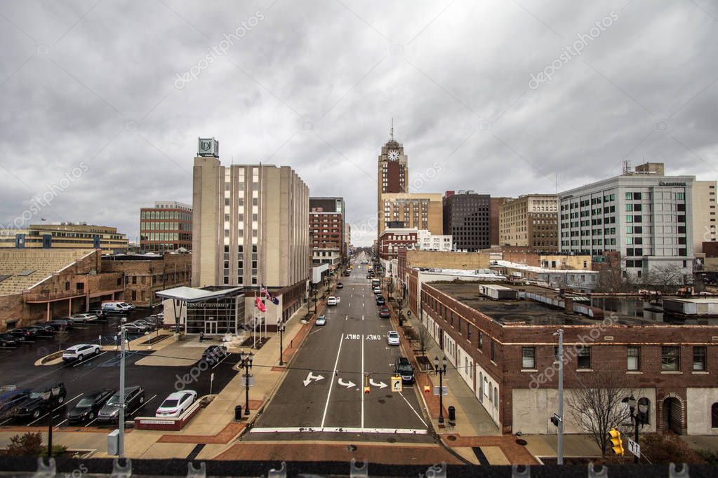 Lansing, Michigan, Estados Unidos 14 de marzo de 2019 Calles de la ciudad y rascacielos en el