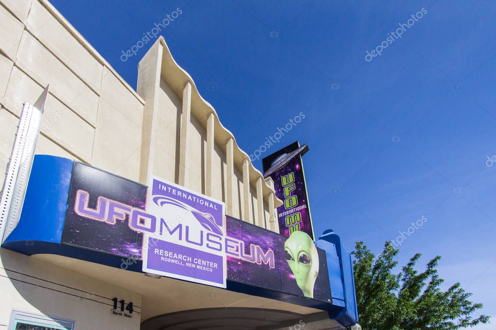 Roswell, New Mexico, USA - April 28, 2019: Exterior of the International UFO Museum and Research Center in Roswell. The small town became world renowned after an alleged UFO crash in the 1940's.