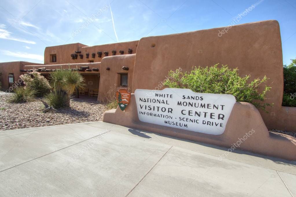 Alamogordo, New Mexico, USA - April 28, 2019: Entrance to the White Sands National Monument Visitor Center in New Mexico. The national park features miles of pure white gypsum dunes. The largest of it's kind in the world.