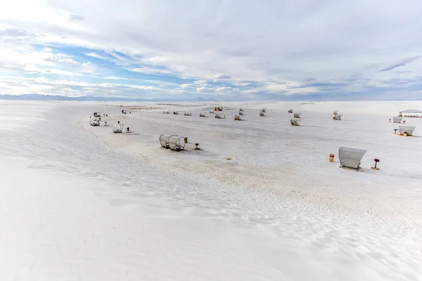 White Sands of New Mexico. Picnic area and grills at the surreal barren desert landscape of the White Sands National Monument in Alamogordo, New Mexico