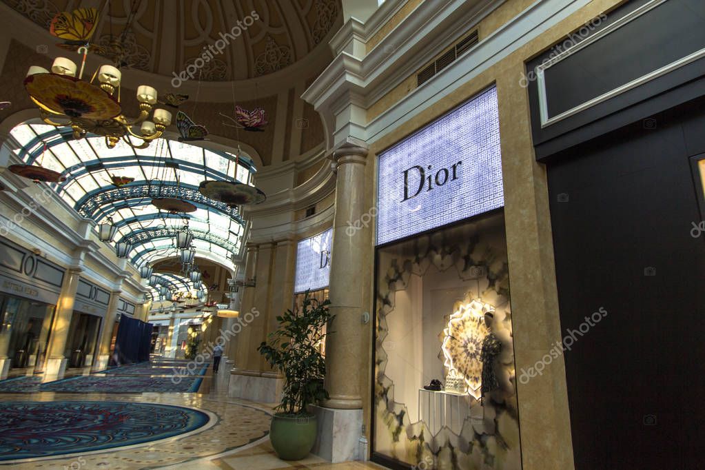 Las Vegas, Nevada, USA - May 6, 2019: Storefront of Christian Dior and the empty upscale shops of the Bellagio Casino and Resort.