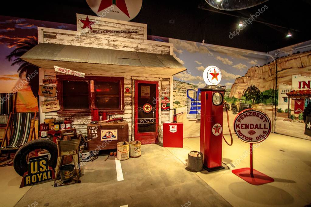 Elk City, Oklahoma, USA - April 27, 2019: Antique gas pumps and recreation of a historic Texaco gas station on Route 66 at the National Route 66 Historical Museum in Oklahoma.