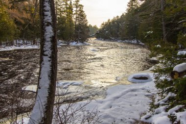 Winter River Gündoğumu manzarası. Michigan Yarımadası 'nda taze kar yağdıktan sonra Tahquamenon Nehri üzerinde gün doğumu.