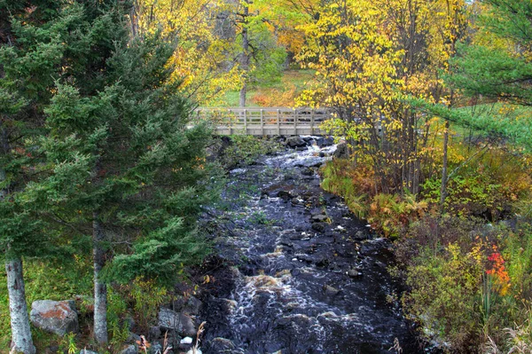 Bridge Water Small Wooden Footbridge Rushing Stream Waterfall Small Roadside Stock Picture