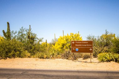 Saguaro Ulusal Parkı. Tucson, Arizona, ABD 'deki Saguaro Ulusal Parkı' nda Bajada Sahne Döngüsü ve Ziyaretçiler Merkezi için imza atın..