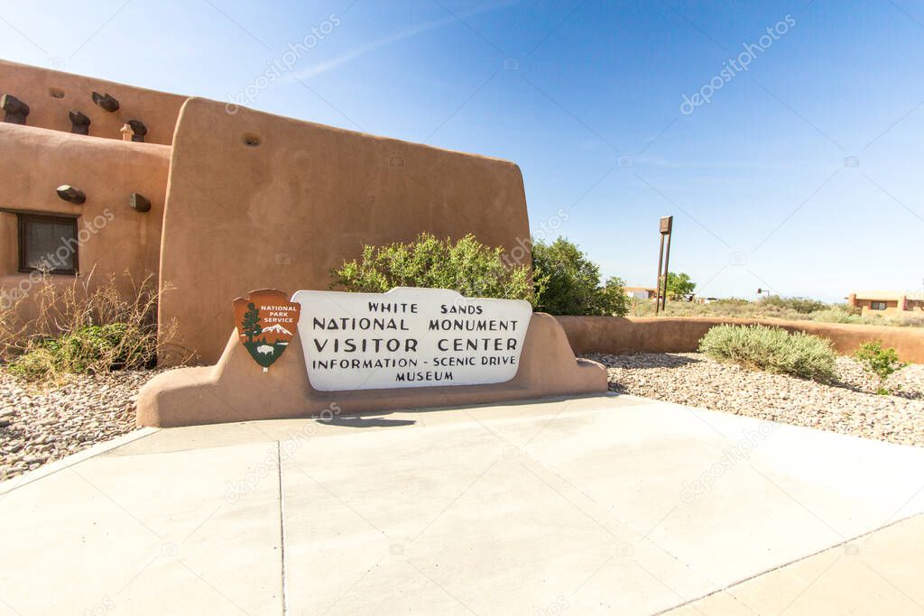 Alamogordo, New Mexico, USA - April 28, 2019: Entrance to the White Sands National Monument Visitor Center in New Mexico. The national park features miles of pure white gypsum dunes. The largest of it's kind in the world.