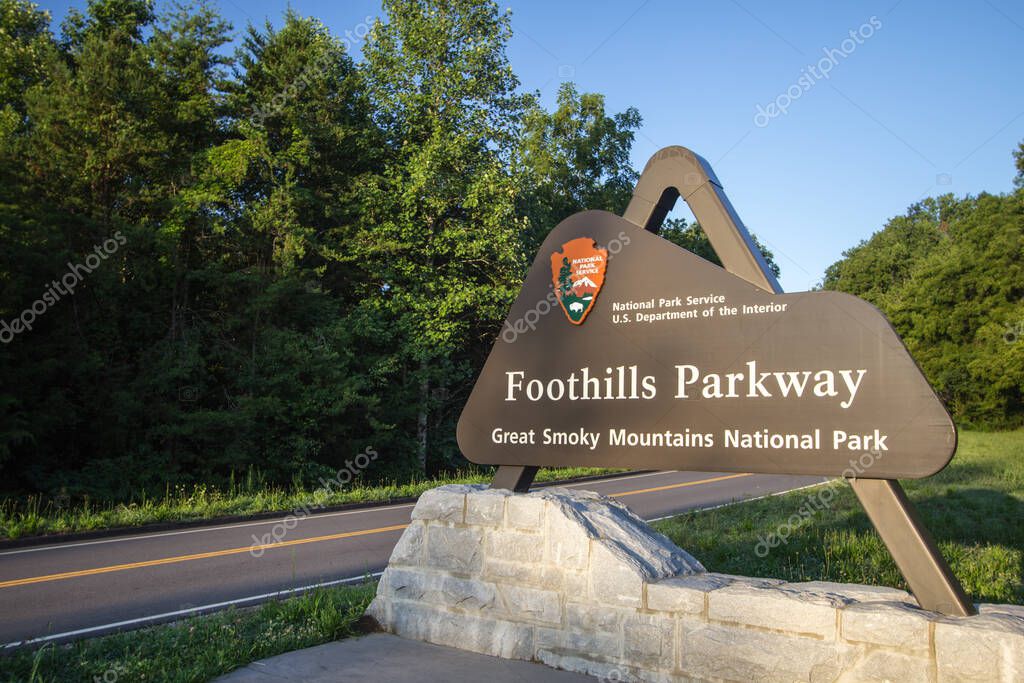 Wears Valley, Tennessee, USA - August 12, 2020: Sign for the newly completed section of the Foothills Parkway. The completed section is 16 miles and runs between Wears Valley and Walland Tennessee