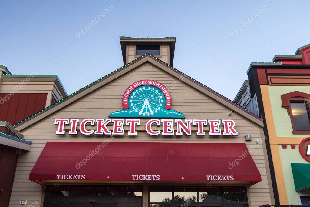 Pigeon Forge, Tennessee, USA - August 16, 2020: Entrance to the Great Smoky Mountain Skywheel at the Island in Pigeon Forge, Tennessee.