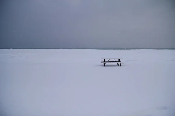 Zima Velkých Jezerech Sněhem Pokrytý Piknikový Stůl Prázdné Zamrzlé Pláži — Stock fotografie