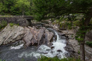 Yol kenarındaki köprü Büyük Smoky Dağları Ulusal Parkı 'ndaki Little River Yolu' ndaki şelaleyi batırır. Gatlinburg, Tennessee.