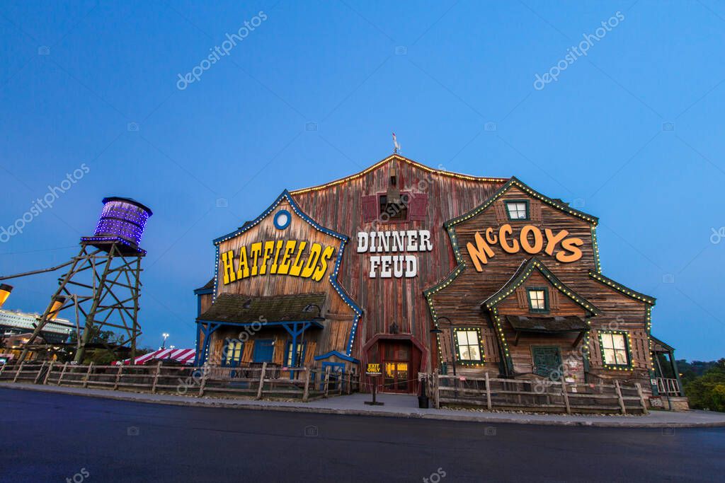 Pigeon Forge, Tennessee, USA - August 15, 2020: Exterior of the popular Hatfield and McCoys Dinner Theater in the Smoky Mountain resort town of Pigeon Forge.