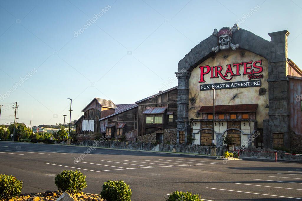 Pigeon Forge, Tennessee, USA - August 15, 2020: Exterior of the Pirates Adventure dinner theater owned by entertainer Dolly Parton and located in the Smoky Mountain resort town of Pigeon Forge.