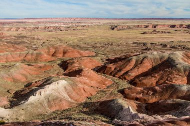 Boyalı Çöl Taşlaşmış Orman Ulusal Parkı Holbrook, Arizona 'da engebeli bir çöl manzarasına bakıyor..