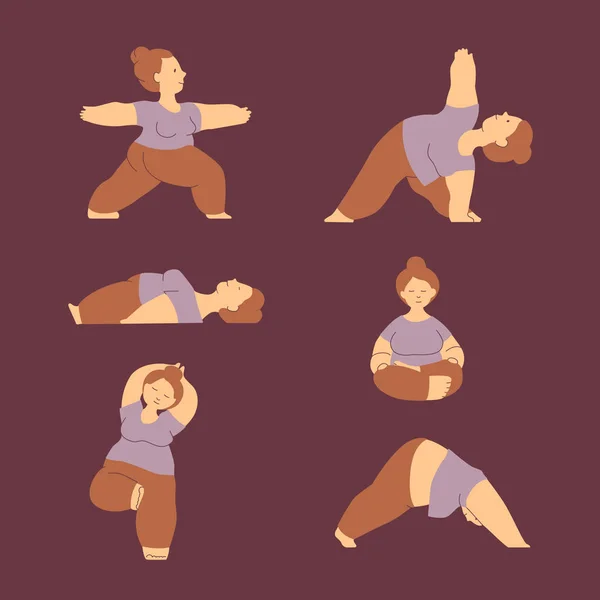 Artı boyutu kadın yoga egzersizleri yapıyor. Olumlu vücut. Vektör (Eps 10)