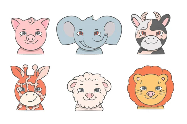 Cartoon Cute Animals Vector Illustration Icon Set Pig Elephant Cow — Stock Vector