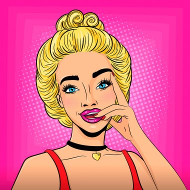 Pop art yüzü. Süper seksi sarışın kız, kırmızı bir elbise, seksi gülümseme. Reklam Pop Art poster veya komik tarzı açık ağız ile seksi kulüp kız parti davetiyesi. - İllüstrasyon -  