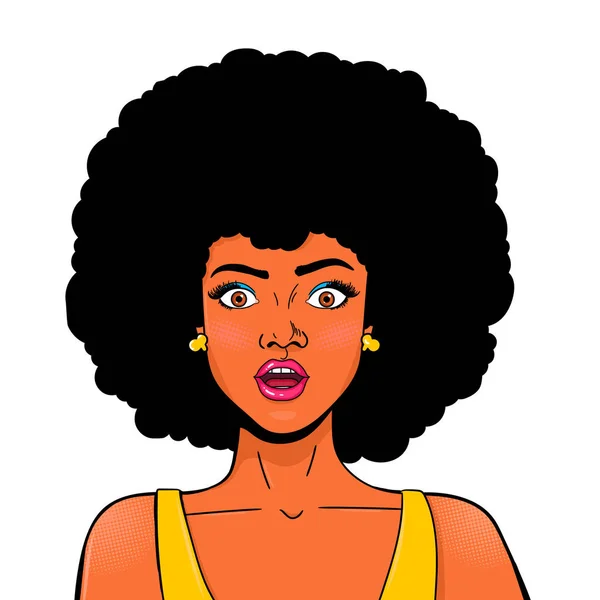 Vay canına, pop sanatçısı. Siyah kıvırcık saçlı, ağzı açık ve güneş gözlüğü tutan seksi, şaşkın kadın. Pop Art retro mizah tarzında renkli bir arka plan. hisse illüstrasyonu