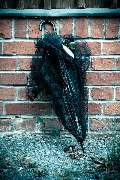 Black Lace Sunshade Umbrella Leaning Brick Wall Vintage Effect Fade — Stock Photo, Image