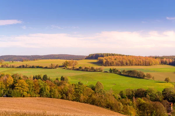 Herbstlandschaft Mit Buntem Laub Den Bäumen Und Sanften Grünen Hügeln — Stockfoto