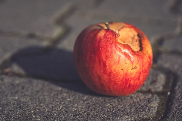 Yuvarlak kırmızı bir elma, kısmen yendiğine dair işaretler gösteren bir kaldırım taşı patikasında duruyor. Sıcak öğleden sonra güneşi yumuşak bir gölge bırakır, parlak dokusunu aydınlatır..