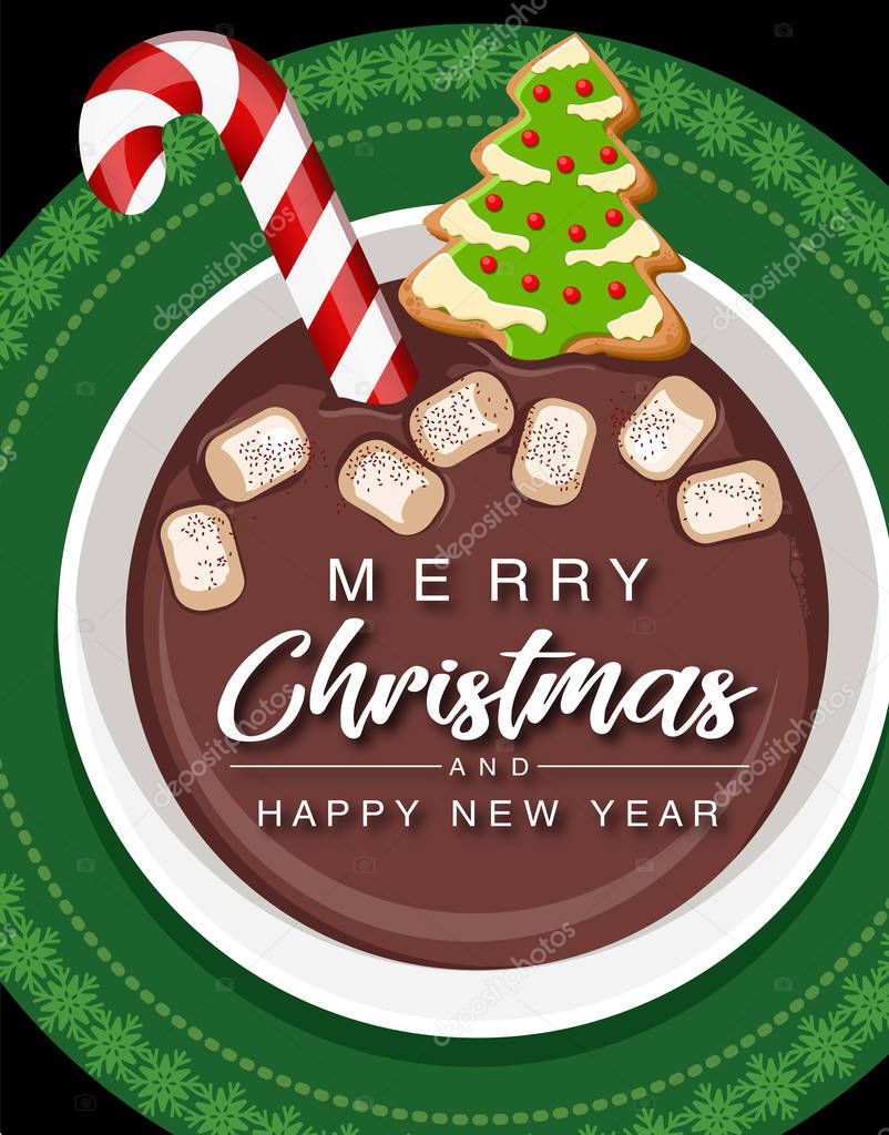 Christmas hot chocolate cup with candy cane cookies and marshmallows. Christmas greeting card design element.vector illustration.