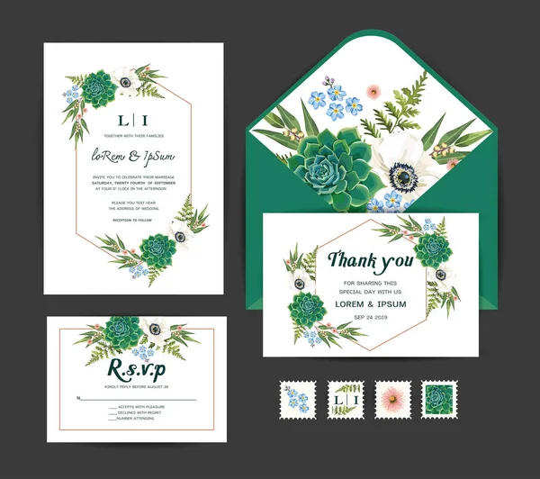 婚礼请柬 Rsvp 谢谢你的卡片设计与海葵花 仙人掌 矢量模板集 — 图库矢量图片