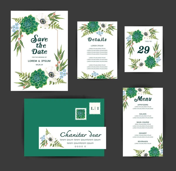 婚礼花卉邀请 保存日期 菜单卡设计与白色海葵 仙人掌 矢量艺术模板 — 图库矢量图片