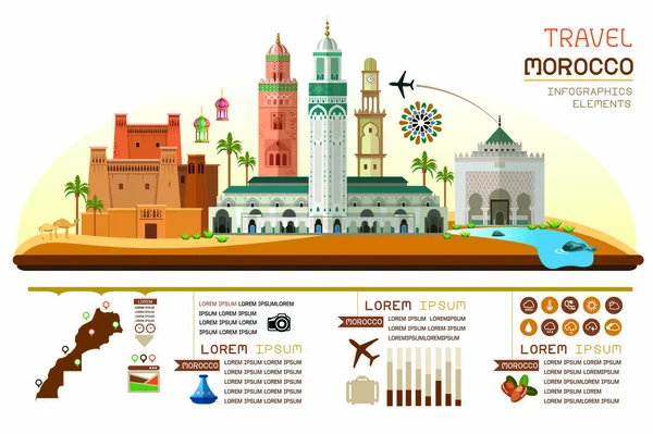 Infografica Viaggio Marocco Luoghi Viaggio Vettoriali Punti Riferimento — Vettoriale Stock