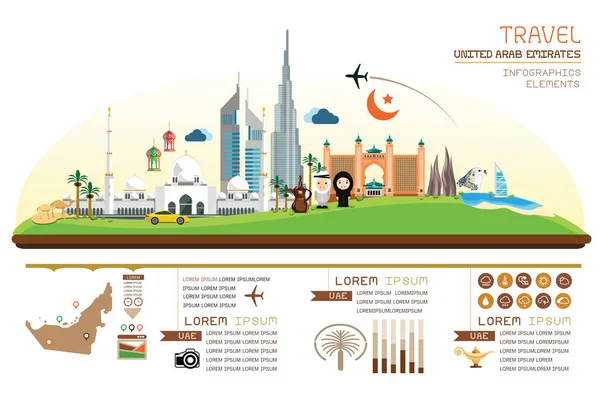 Infografis Perjalanan Dan Landmark Bersatu Arab Emirates Desain Templat Ilustrasi - Stok Vektor