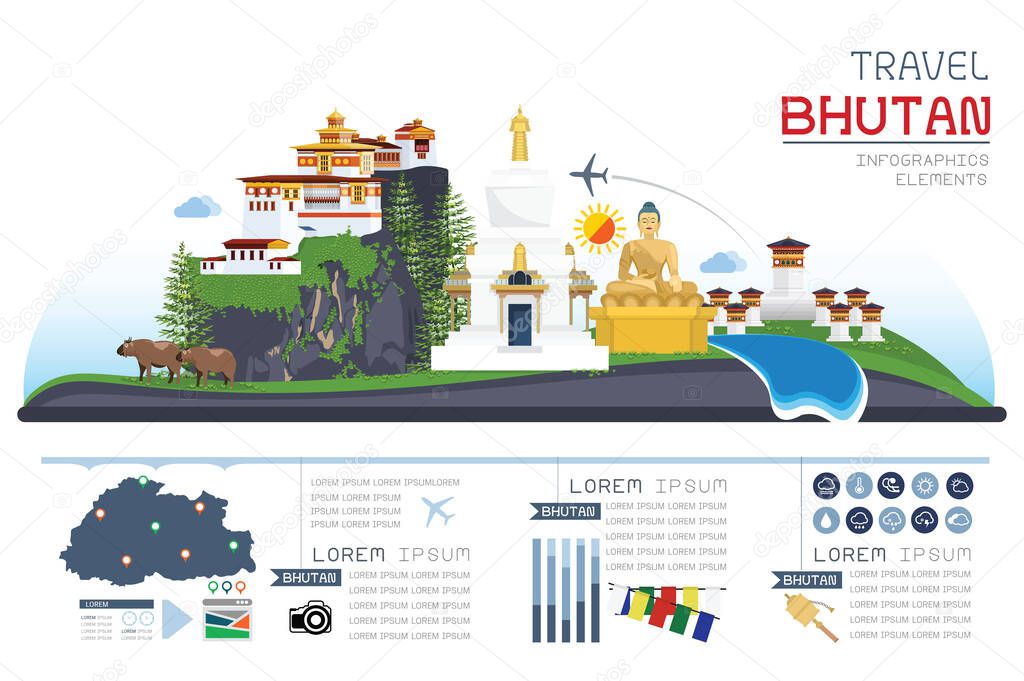 Info graphics travel and landmark bhutan template design. Concept Vector Illustration.