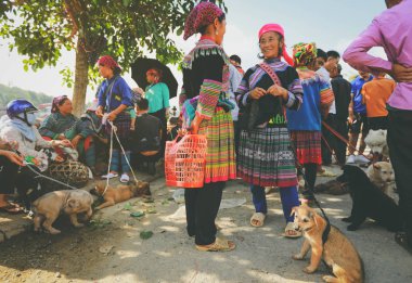 Bad ha, Vietnam - 7 Temmuz 2019: Hmong kadınları Bac Ha pazarında köpek satıyor, Kuzey Vietnam. Bac Ha, insanların geleneksel kostümlerle ticaret yapmaya geldikleri dağ köyü pazarı.