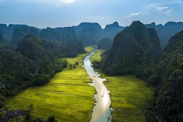 Imagen Aérea Tam Coc Momento Cosecha Este Uno Los Lugares — Foto de Stock