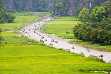 Tam Coc, Ninh Binh, Vietnam - Nis. 30, 2017: yolcular her iki tarafta olgunlaşmış pirinç tarlaları ile bir dere boyunca teknelere gidiyor. Her yıl, turistler genellikle bu zamana kadar bu yeri ziyaret.