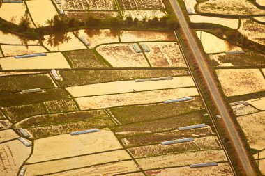 Mai Chau vadisinde çeltik tarlaları, Gün batımında Vietnam.