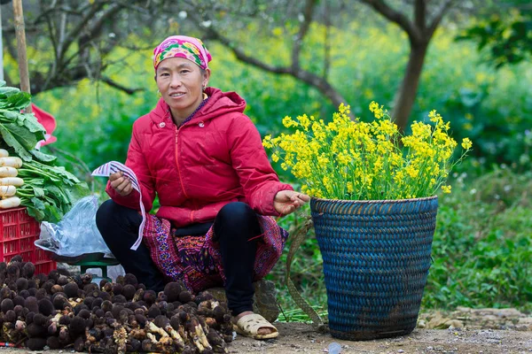 Moc Chau Vietnam Jan 2019 Local Ethnic Woman Selling Flowers — Stock Photo, Image
