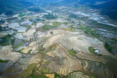 Y Ty, Lao Cai, Vietnam 'da su mevsiminde (Mayıs' tan Haziran 'a kadar) büyük pirinç teraslarının hava görüntüsü)