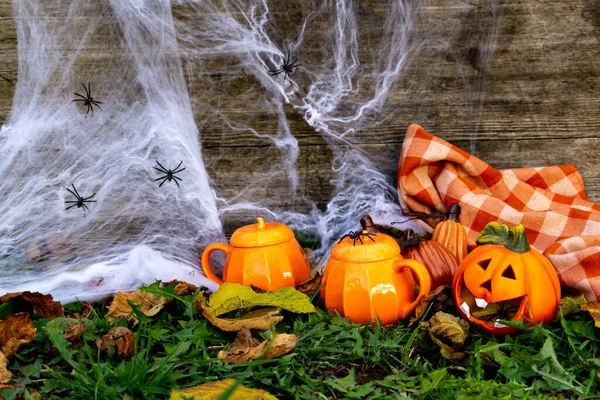 Halloween Concepto Una Celebración Otoño Vacaciones Otoño Halloween Cabeza Calabaza —  Fotos de Stock