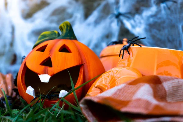Halloween Concepto Una Celebración Otoño Vacaciones Otoño Halloween Cabeza Calabaza —  Fotos de Stock