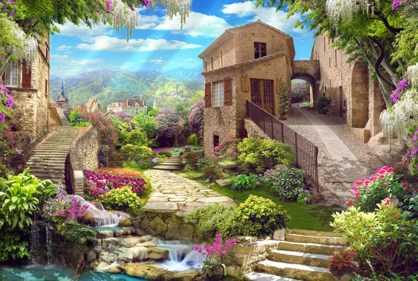 Vackert Collage Med Tillgång Till Trädgården Med Gamla Hus Blommor — Stockfoto